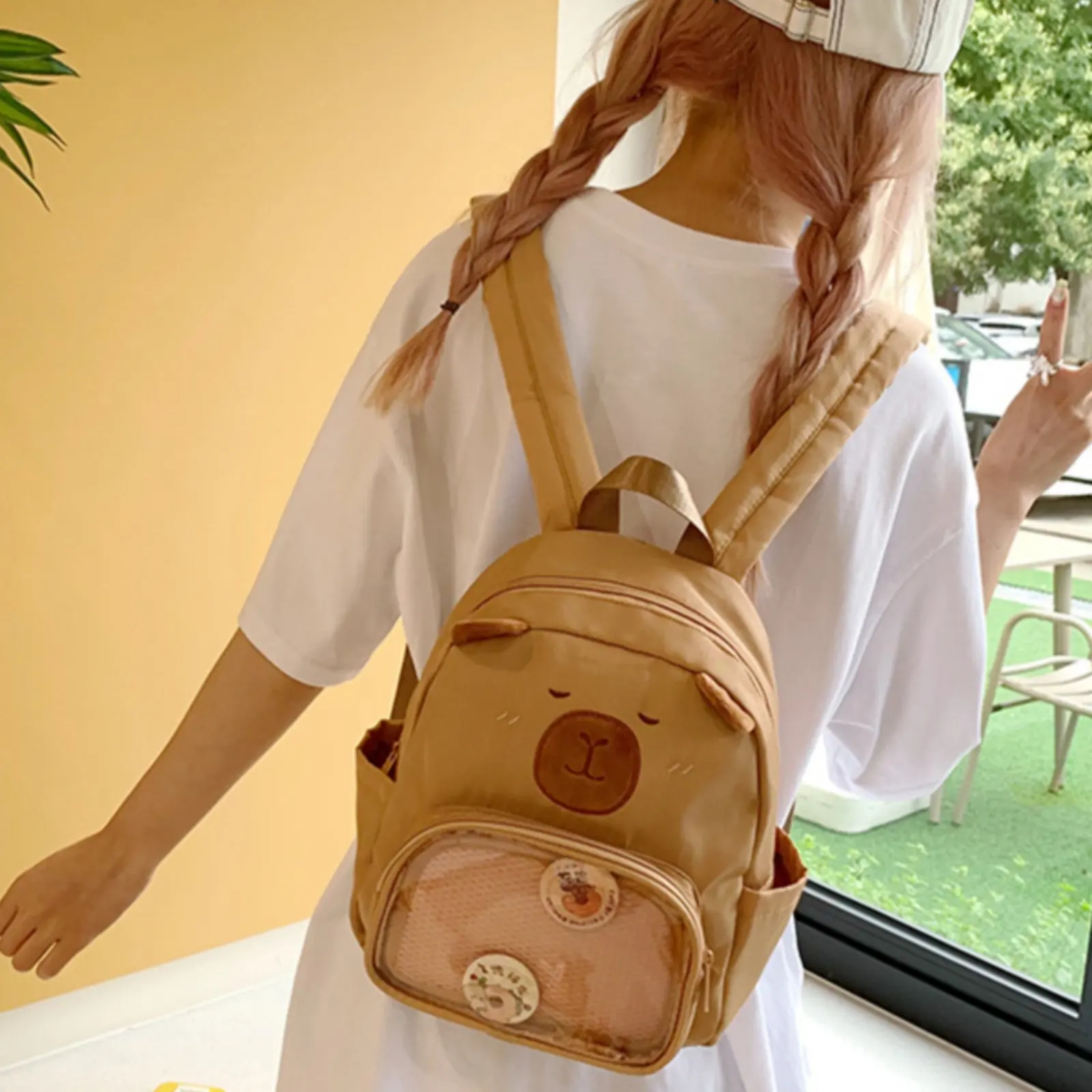 Creature Ear Backpack High Quality Cartoon Backpack Cartoon Rucksack Embroidered Face Carry Bag Soft Beige-Khaki
