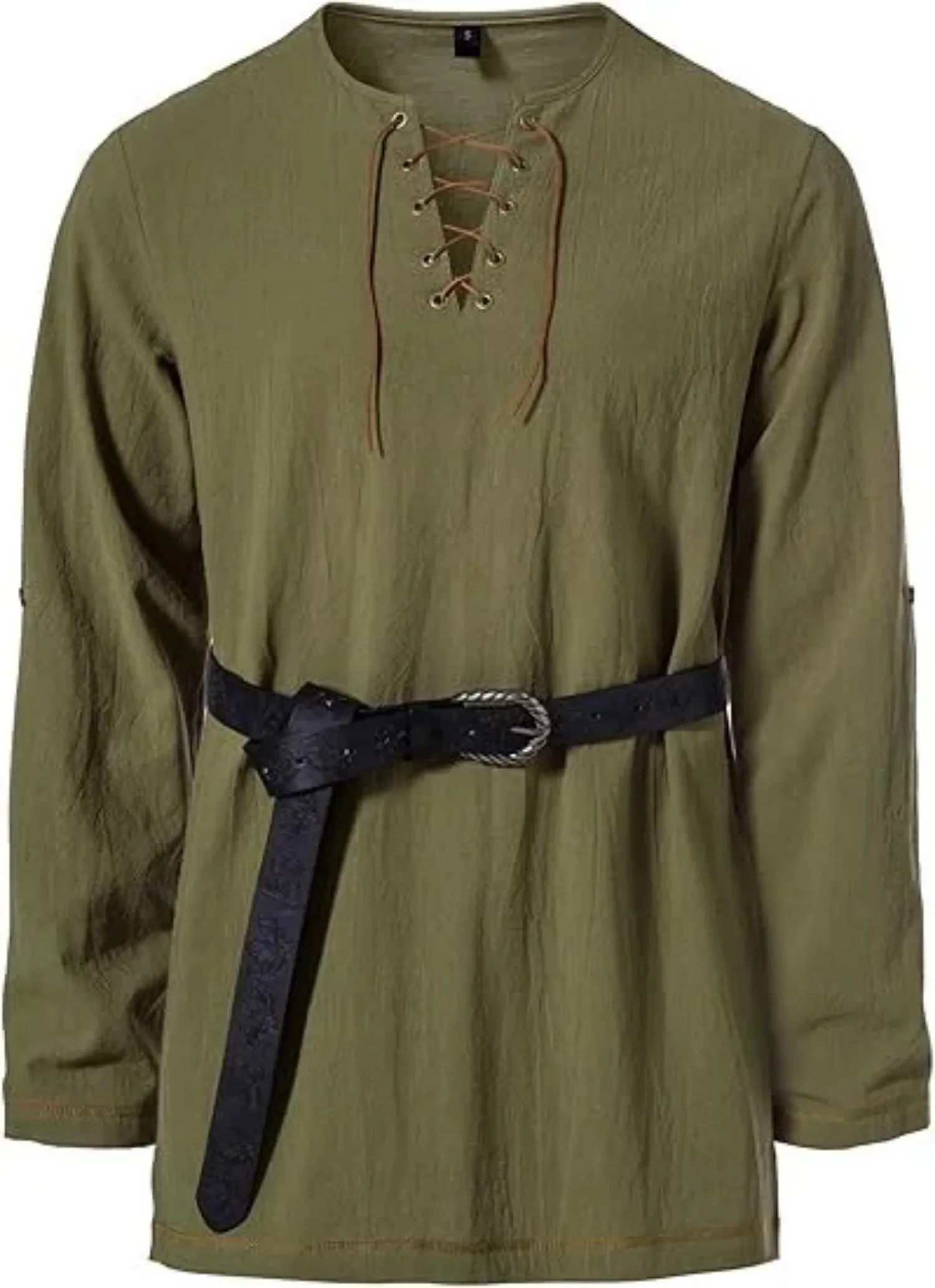 Mittelalterliches Schnür-Tunika-Hemd für Herren, Renaissance-Wikinger-Piratenkostüm, langärmliges Retro-Oberteil mit Gürtel für Halloween-Cosplay – Detail 18