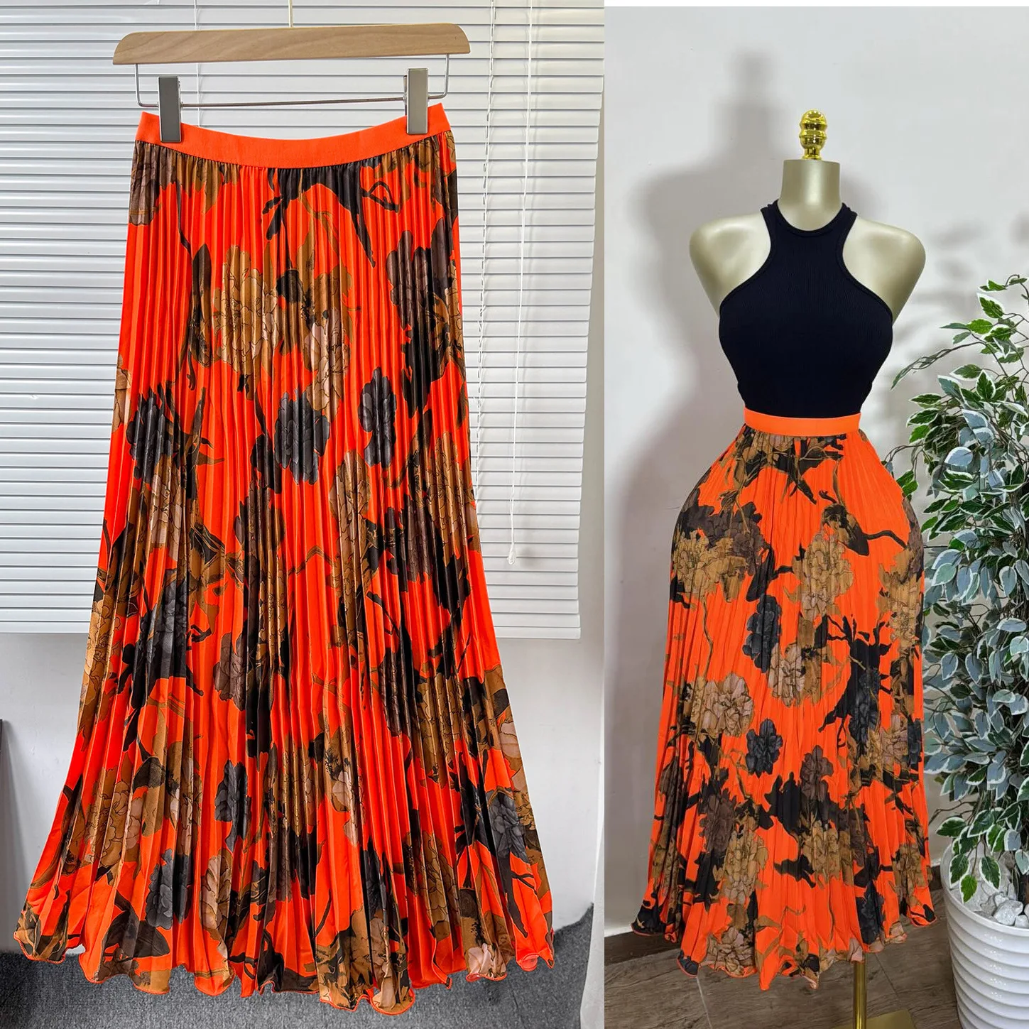 

Модная тенденция с ретро-принтом, шелковая плиссированная ткань с высокой талией, струящаяся шифоновая юбка миди длины, универсальная юбка для повседневной повседневной вечеринки