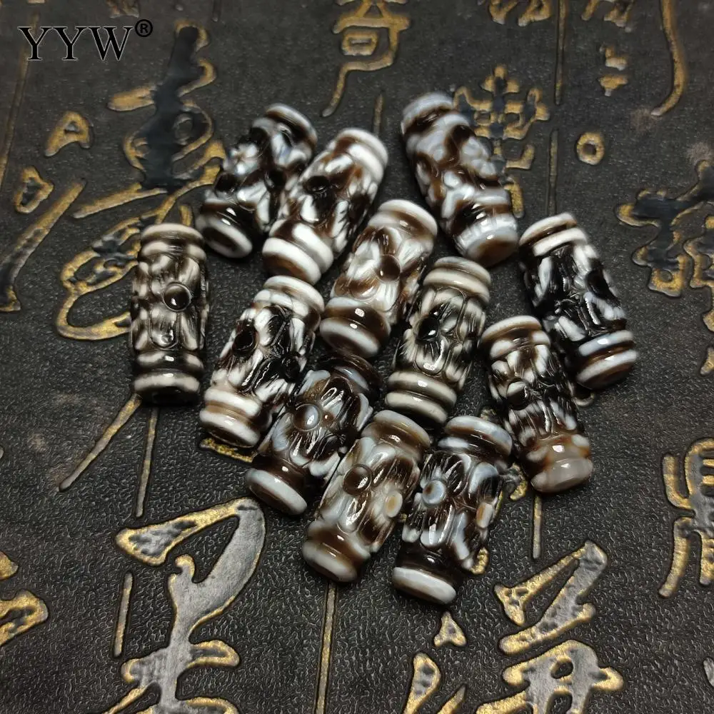 1 PC Random Pattern Carved Natural Tibetan Dzi Beads Barrel Agate Stone Mixed Colors Length About 10-11mm Hight About 20-24.5mm