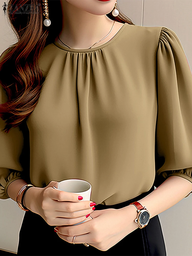 

2025 Women Summer Tunic Blouses ZANZEA Stylish Office OL Shirts Casual O Neck 3/4 Sleeve Solid Blusas Female Holiday Tops Mujer