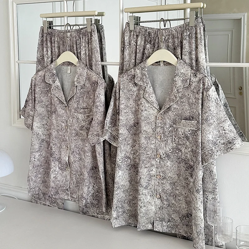 Summer Silk Satin 3PCS Pajamas Set Fashion Couple Sleepwear Short Sleeve Shorts Trouser Suits Pyjama Loose Homewear Loungewear