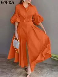 VONDA Elegant Maxi Dress Women Fashion Lantern Sleeve Buttons Big Swing Party Shirt Sundress Casual Solid Color Sundress Robe