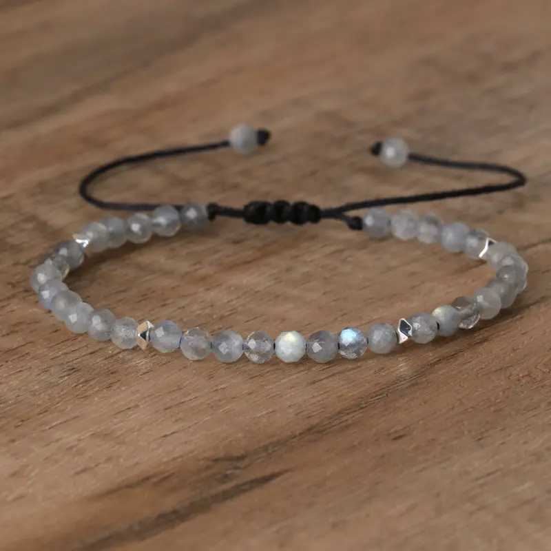 1 PC Bohemian 4mm Natural Stone Gray Moonstone Bracelet Adjustable Yoga Healing Crystal Charm Bracelets for Women Jewelry