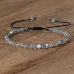 1 PC Bohemian 4mm Natural Stone Gray Moonstone Bracelet Adjustable Yoga Healing Crystal Charm Bracelets for Women Jewelry