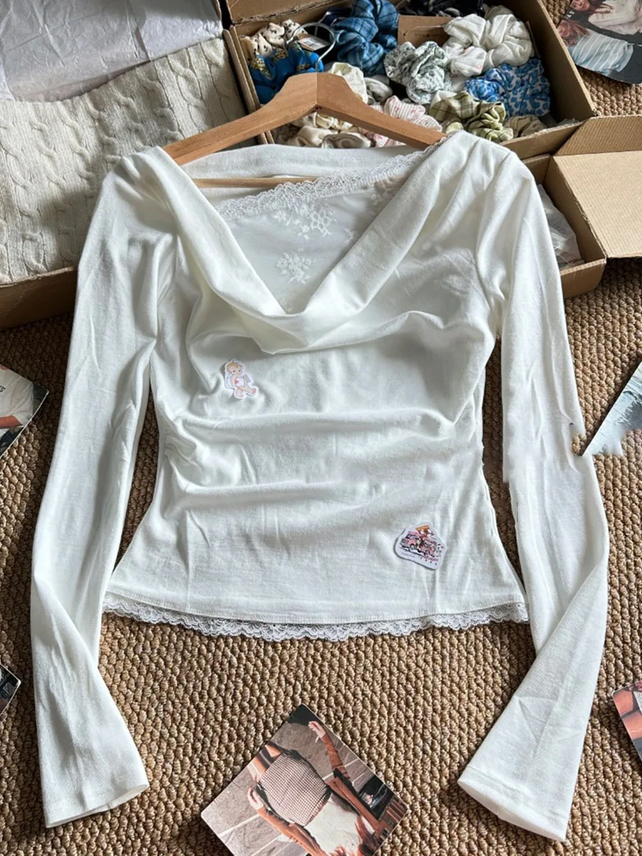 White Sweet Lace Patchwork Fake Two Pieces Tshirts New Draped Neckline Long Sleeve Slim Tees Spring Solid Cute T-shirt Y2K Tops