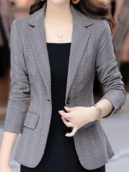 Single Button Blazer Women Jacket Slim Fit Office Lady Blazers Coat Chic Plaid Outerwear Female Pockets Jackets Fashionable Tops