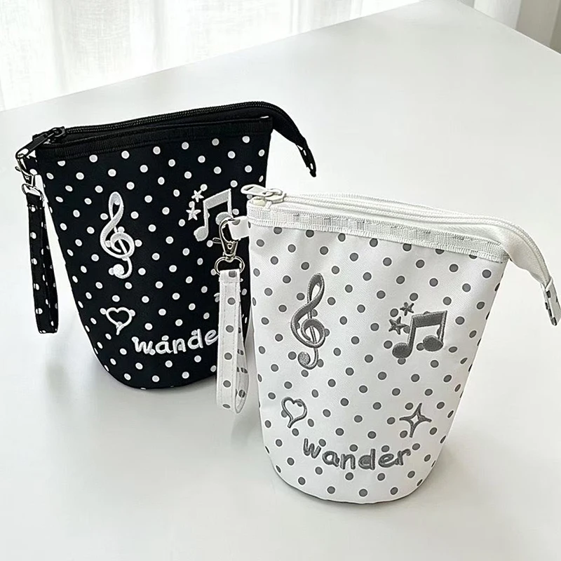 Cute Polka Dots Mini Wristlet Pouch Bag Musical Note Embroidery Zipper Cosmetic Bag Portable Small Women Handbag Coin Purse