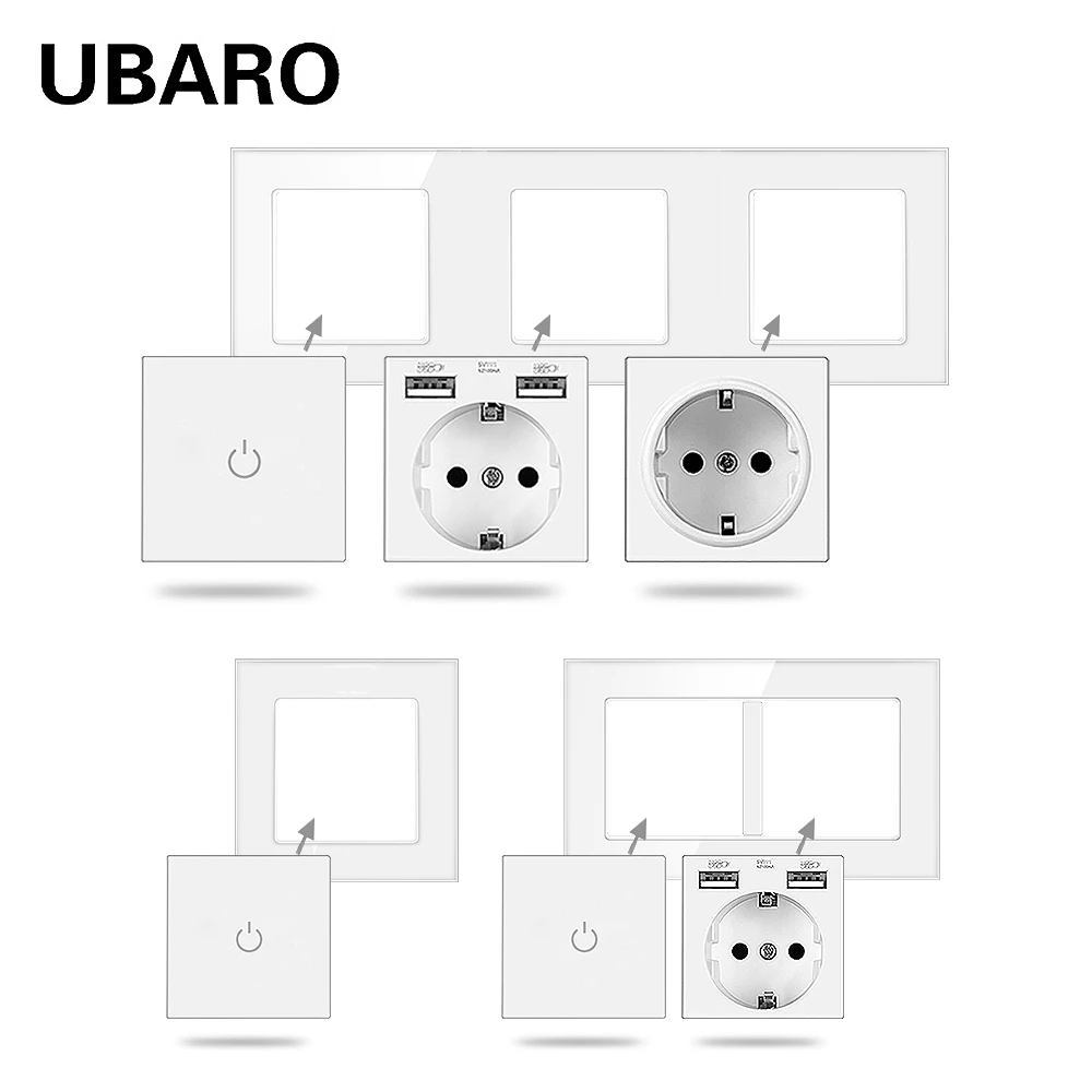 UBARO EU Type TV Socket Touch Switch DIY Installation Computer USB With Tempered Glass Frame Accessory White Home Improvement