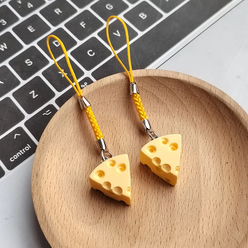 Llaveros con cordón para teléfono y pan de queso en 3D de resina, regalo para mujeres y hombres, bolsa de comida divertida con dibujos animados, caja, cadena para teléfono móvil, joyería, 1 Uds.