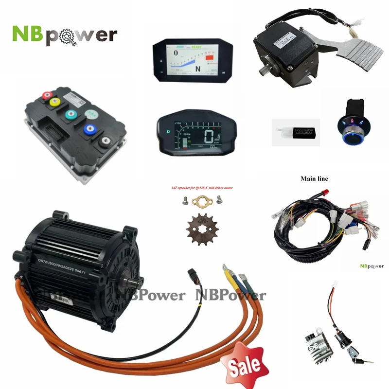 

NBpower QS180 90H 8000W Mid-drive Motor For Electric Moped Dirt Bike Cart with ND721200 ND72/84/961800 Controller Foot Pedal