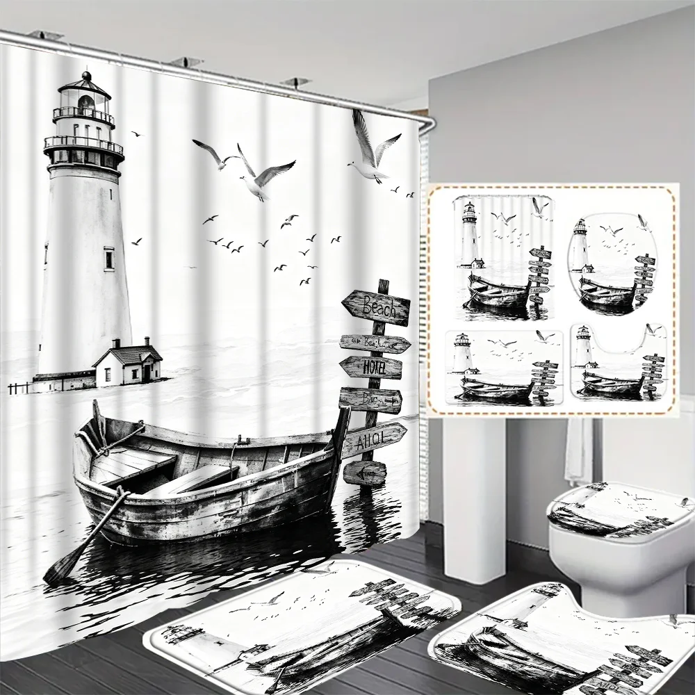 Vintage Lighthouse Beach Shower Curtain Nautical Coastal Bathroom Decor Ocean View Seagull Pattern Waterproof Curtain Liner for