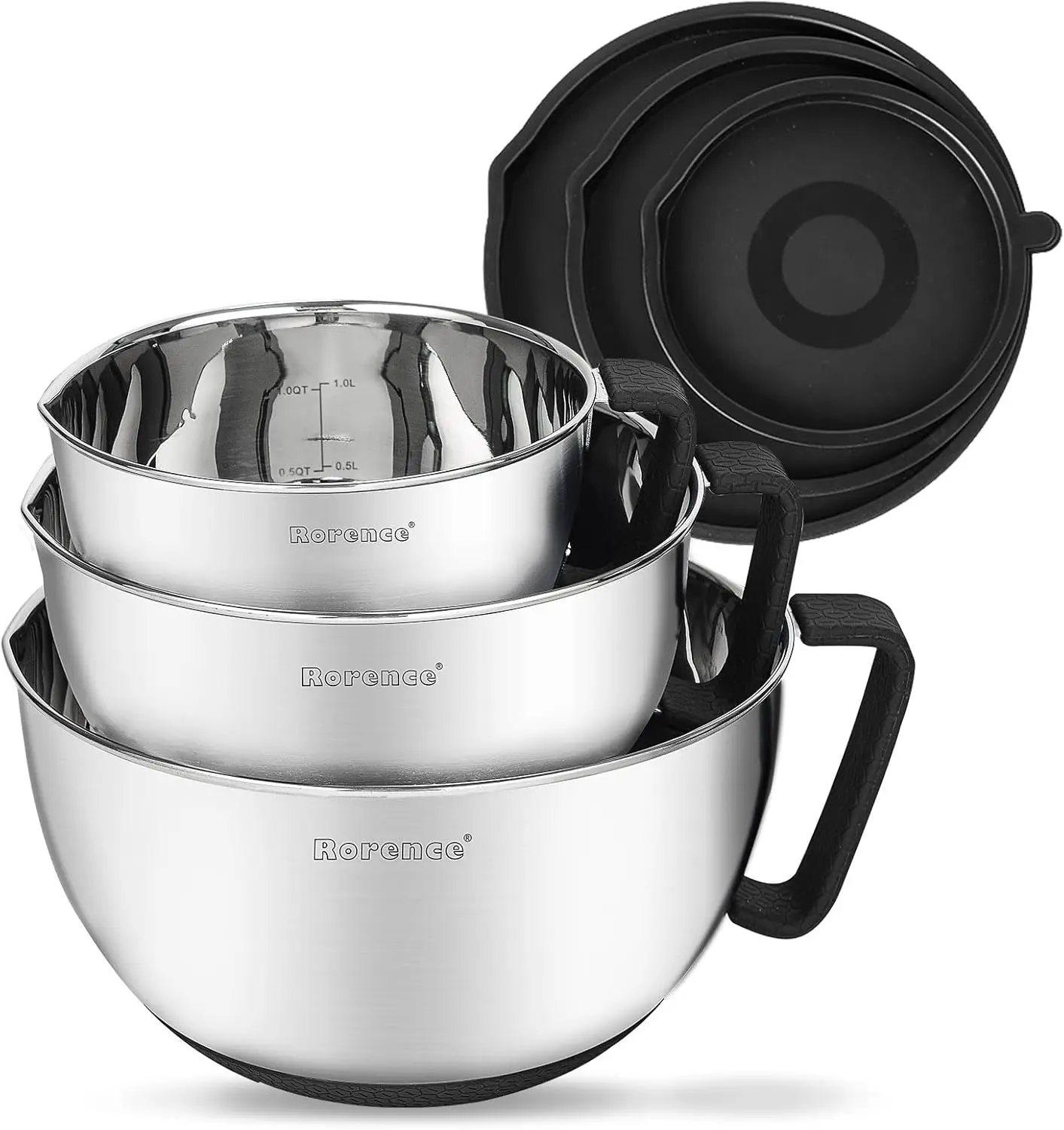 

Stainless Steel Mixing Bowls Set of 3 with Non-Slip Base, Pour Spout, Handle and Lid in Black