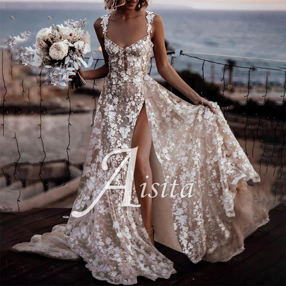 

Beach A-Line Wedding Dress Sweetheart Boho customized With Appliques Split Front Bride Dresses Wedding Dresses Vestidos Dresses