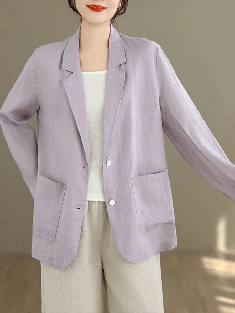 Retro Cotton Linen Suit Jacket Women's Autumn Outerwear Casual Long Sleeve Open Cardigan Top High Quality Loose Fit Style