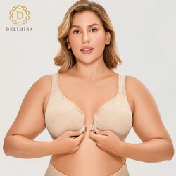 DELIMIRA Women's Plus Size Front Closure Mesh Underwire Unlined Full Coverage Floral Lace Bra