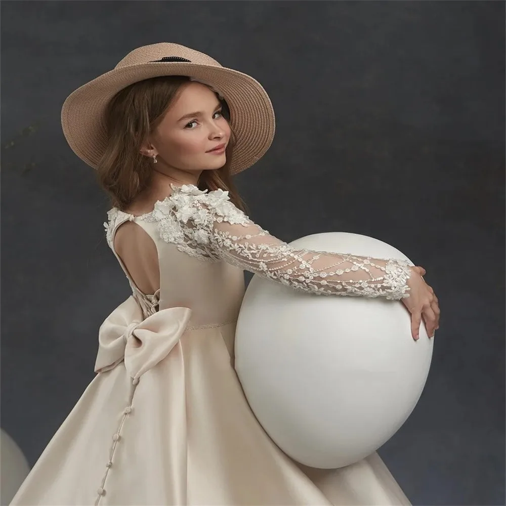 Vestido de satén para niña de las flores, traje Formal de manga larga con lazo de encaje para primera comunión, fiesta de cumpleaños