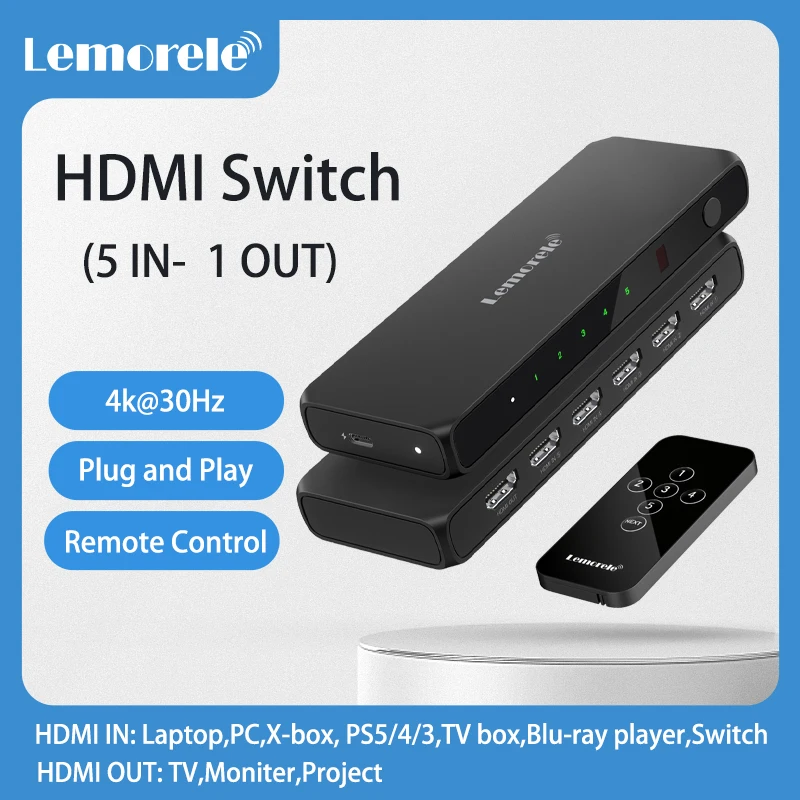 Lemorele HDMI Switch Splitter  5-port HDMI 4K Switcher Selector Box 5 in 1 out with IR Remote HDR HDCP2.3 for Xbox PS4 PC TV