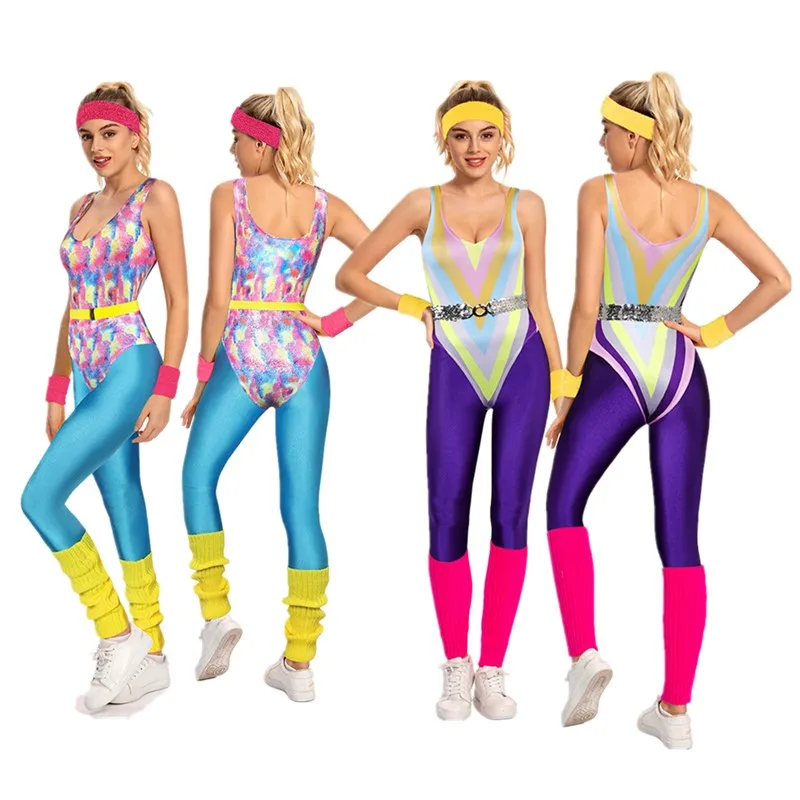 Retro 80s 90s Cosplay Sportswear Costume Women Fitness Jumpsuit Bodysuit Headband Pants Outfits Halloween Carnival Party Suit
