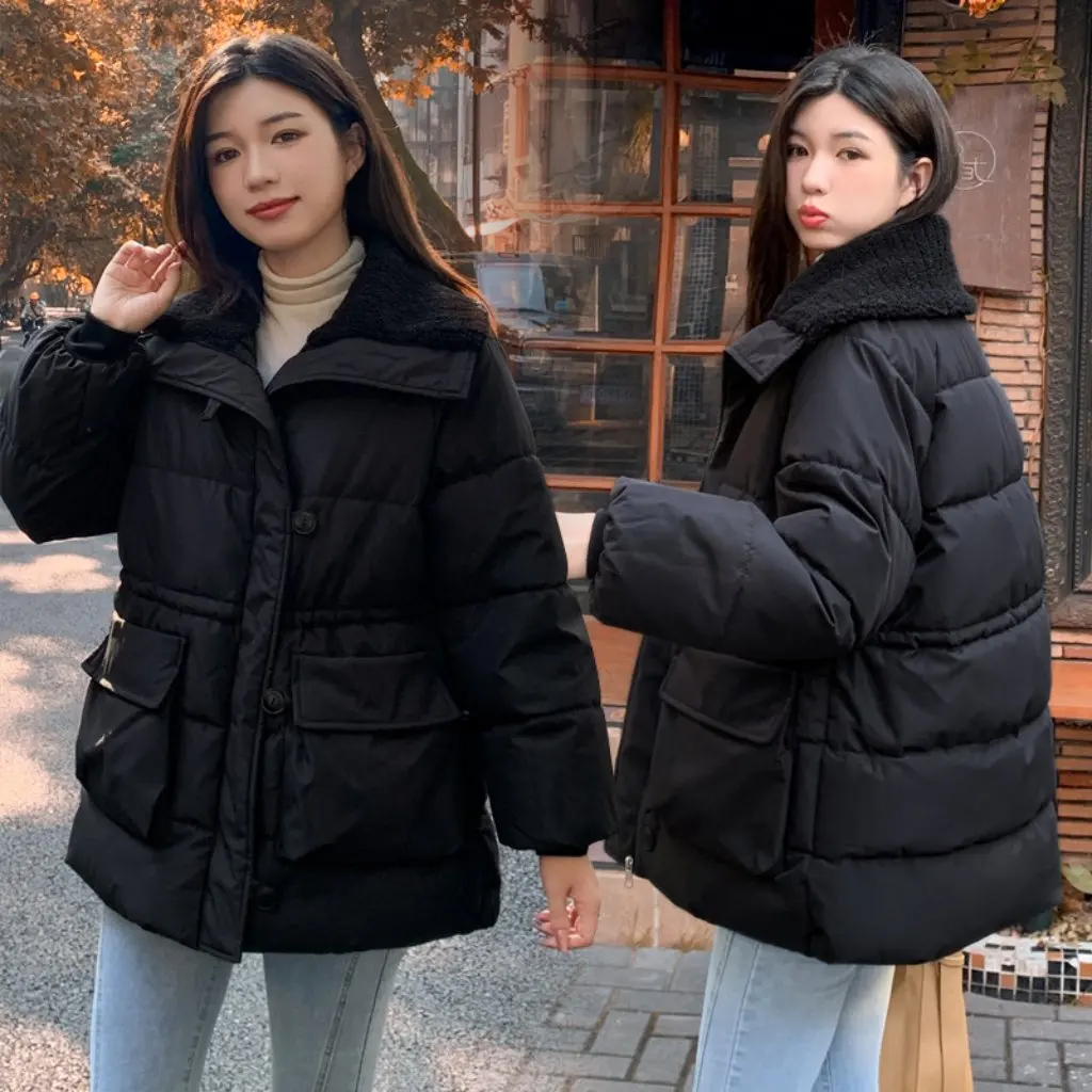 

Women's European American Style Lamb Fleece Short down Cotton-Padded Jacket Large Lapel Thick Warm Winter Coat