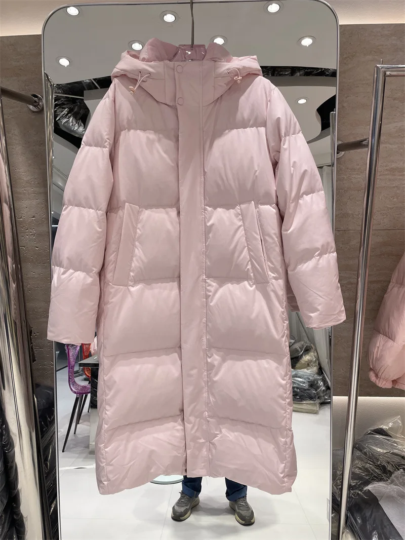Długa kurtka puchowa za kolano dla kobiet na zimę 2025, nowa, z białego puchu kaczego, gruba, w stylu college, luźna kurtka dla par.