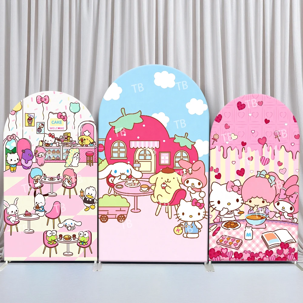 

Sanrio Characters Sweet Café Style Arch Backdrop Cover Cheerful Festive Scene For Kids Birthday Baby Shower Photo Booth Decor