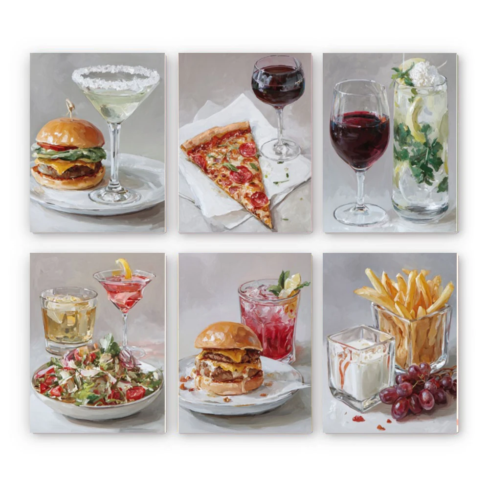6 pièces de peinture à l'huile numérique dessinée à la main par numéros sur toile, thème Aliments et Boissons, nécessitant une réalisation manuelle et une grande patiente.
