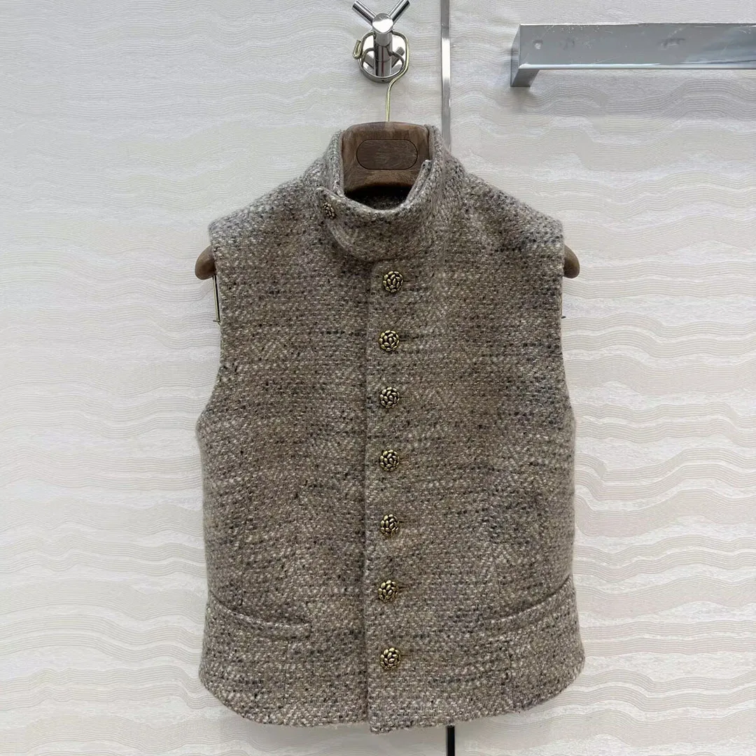 Nuevo Chaleco de Moda de Invierno, Lindo Chaleco de Lana Lurex Tejido para Mujer, Cuello Alto, Sin Mangas, Botón Metálico, Estilo Vintage Informal, Chaqueta Corta