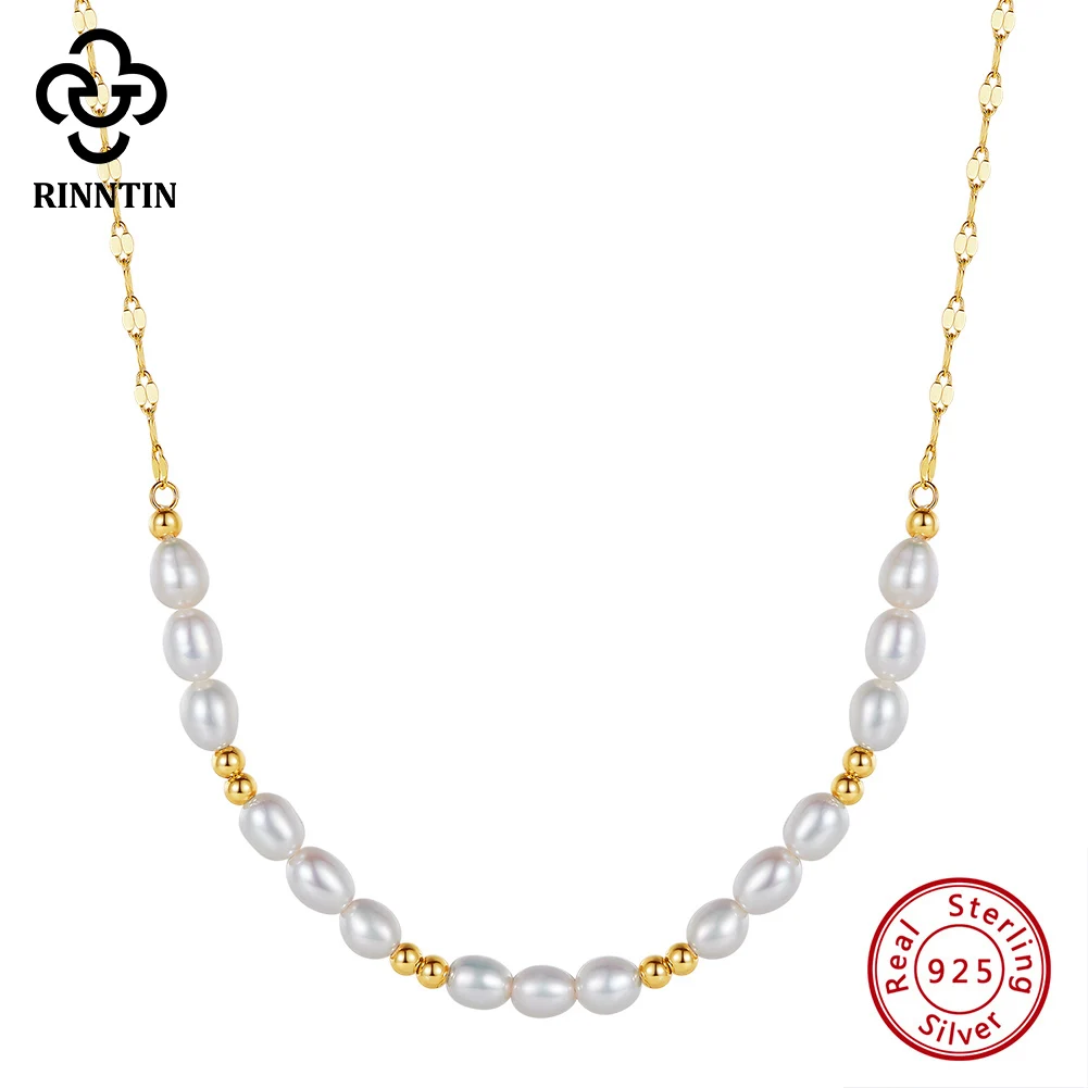 

Rinntin Vintage 925 Sterling Silver Gold Beads Chain Necklace with Pearls for Women Girls Fashion Neck Chain Jewelry GPN67