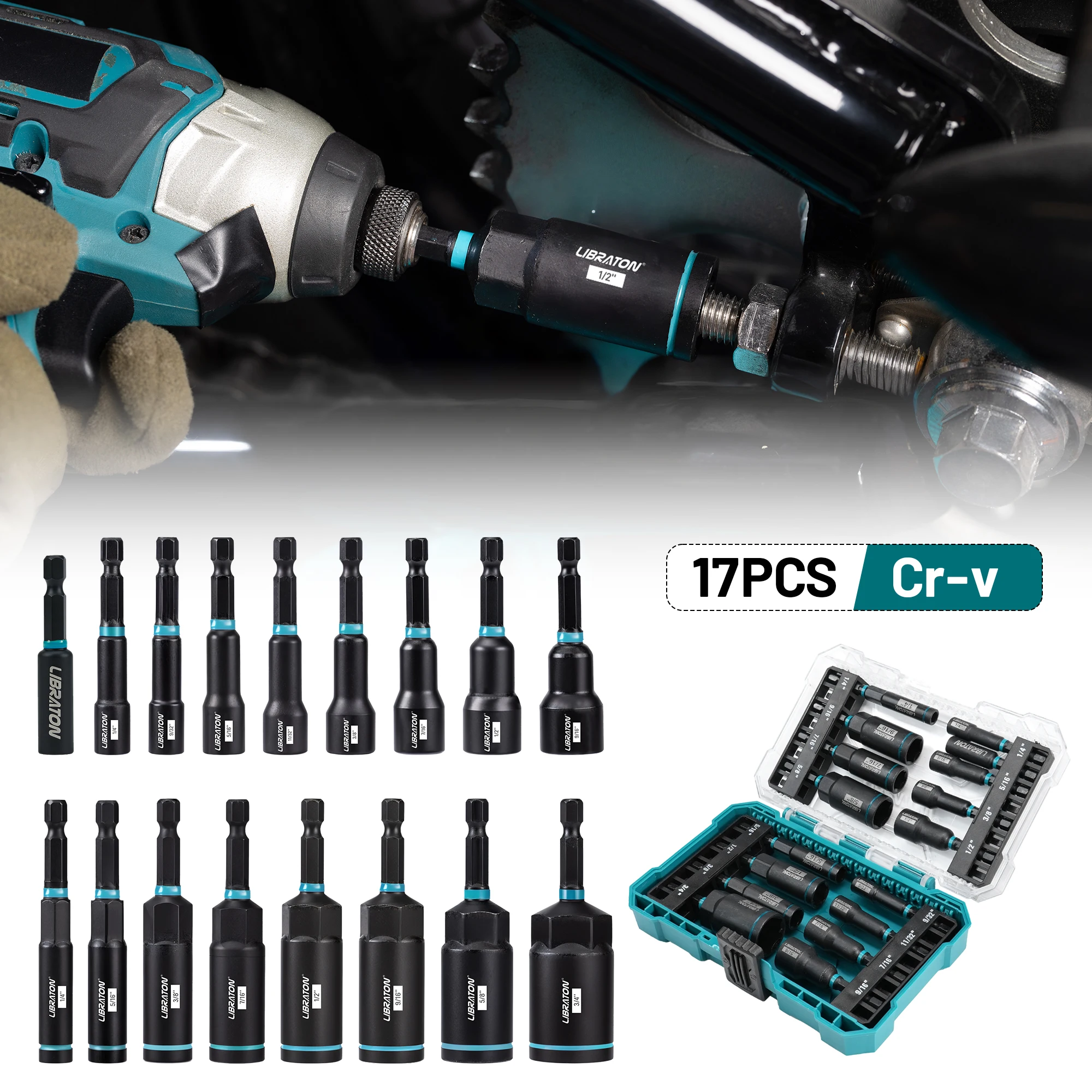 17-teiliges SAE Magnetisches Schraubenschlüssel-Set, Schlagschraubenschlüssel, Tiefschraubenschlüssel-Set, Schlagschrauber-Bit-Set mit Box für Autoreparaturen