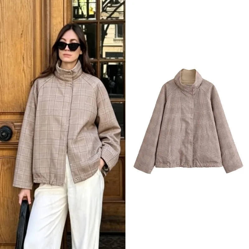 HipSeam Women's Reversible Trench Coat New 2026 Autumn High-Neck Zipper Woman Winter Jacket Chic Loose Female Check Coats