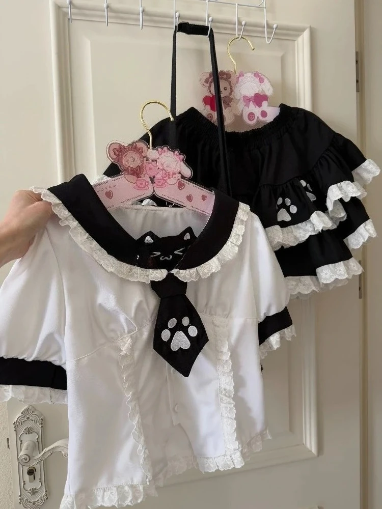 

Милый комплект из 2 предметов, женский облегающий милый темно-синий топ с воротником + кружевная пушистая мини-юбка в стиле Харадзюку, летний костюм 2025, японская мода Jk