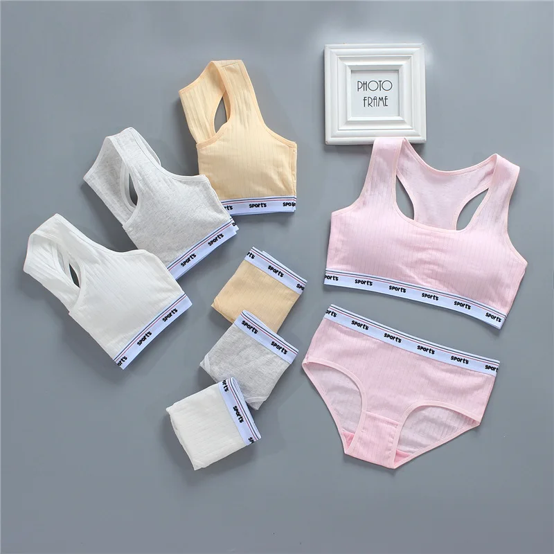 Girls Training Bras Panties Kids Cotton Underwear Sets Teens Students Bra Vest and Panties Wireless Girls Sports Bra 8-16Y