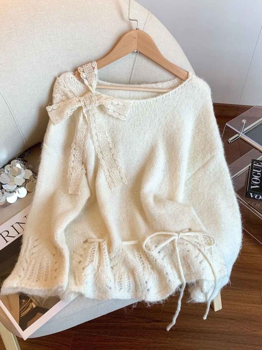 Süßer, sanfter Knoten-Sa-Pullover für Damen, lockeres, bequemes, langes Sve-Top für Herbst, Faion, lässig, gestricktes Polyester