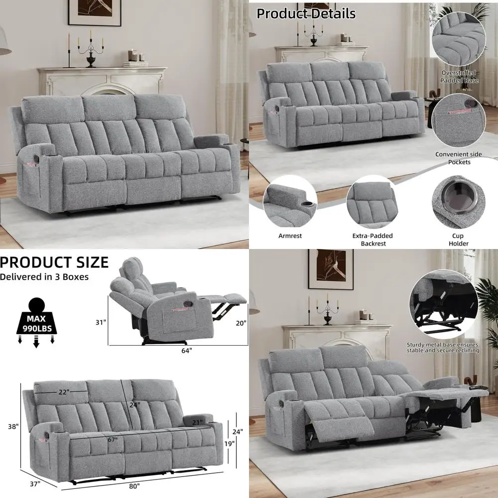 

3-Seat Reclining Sofa Set with Side Pockets and Cup Holders, Adjustable Footrest for Living Room/Home Theater, Light Grey