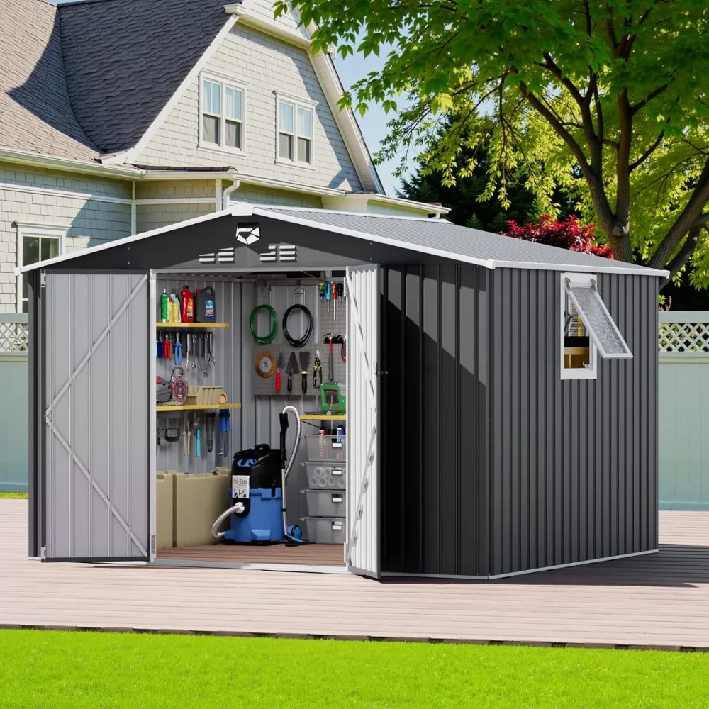 

10x8 FT Outdoor Storage Shed, Metal Garden Shed - Tool Storage Sheds with Lockable Doors & 1 Vented Clear Window.