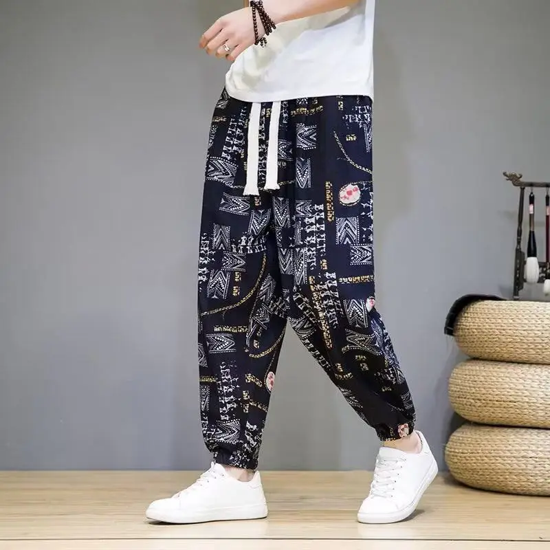 Fashion Trendy Summer New Men's Geometric Printed Patchwork Contrasting Color Loose Straight Elastic Waist Casual Harlan Pants