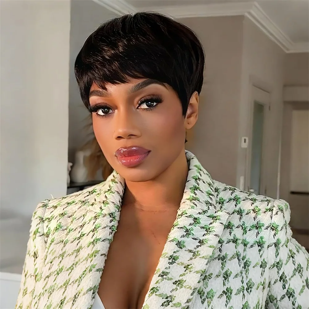 Pixie Cut Wig Human Hair Wig for Black Women Short Bob Wig Short Layered Pixie Cut Wigs Glueless Wig with Bangs image 5
