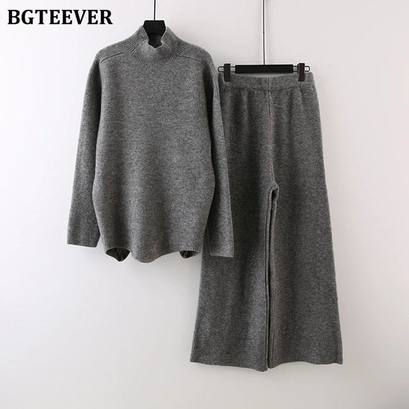 BGTEEVER Stylish Warm Ladies Knitted Outfits Half Collar Sweaters & Pants Women 2 Pieces Sweater Set Autumn Winter