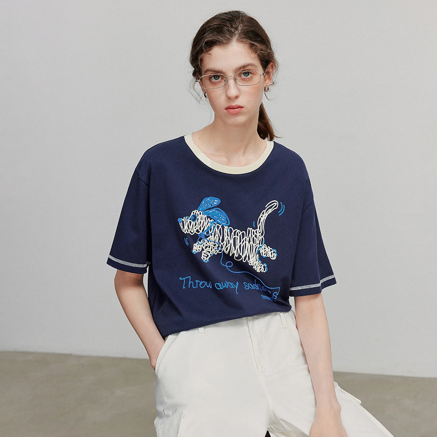 TOYOUTH Women T Shirts 2026 Summer New Pure Cotton Round Neck Loose Yarn Dog Print Cartoon Age Reducing Tops