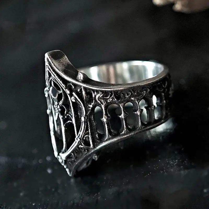 A52E Unique Gothic Ring Intricate Detailing Silver Tone Zinc Alloy Adaptable Sizes Perfect For Daily Wear Special Occasions