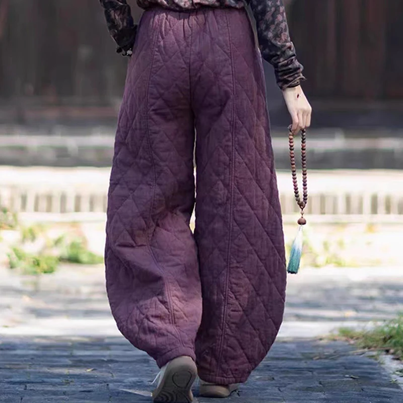 New Chinese Style Cotton Quilted Wide Leg Pants Women Autumn Winter Casual Loose Thicken Pants Elastic Waist Padded Trousers
