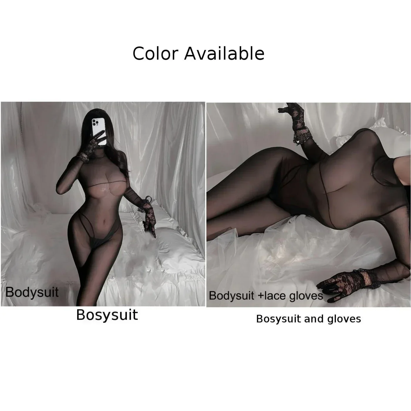 Sexy Lingerie Women Jumpsuit Long-Sleeve Tight Crotchless See-Through Hollow Out Nighties Porn Bodysuit Breathable