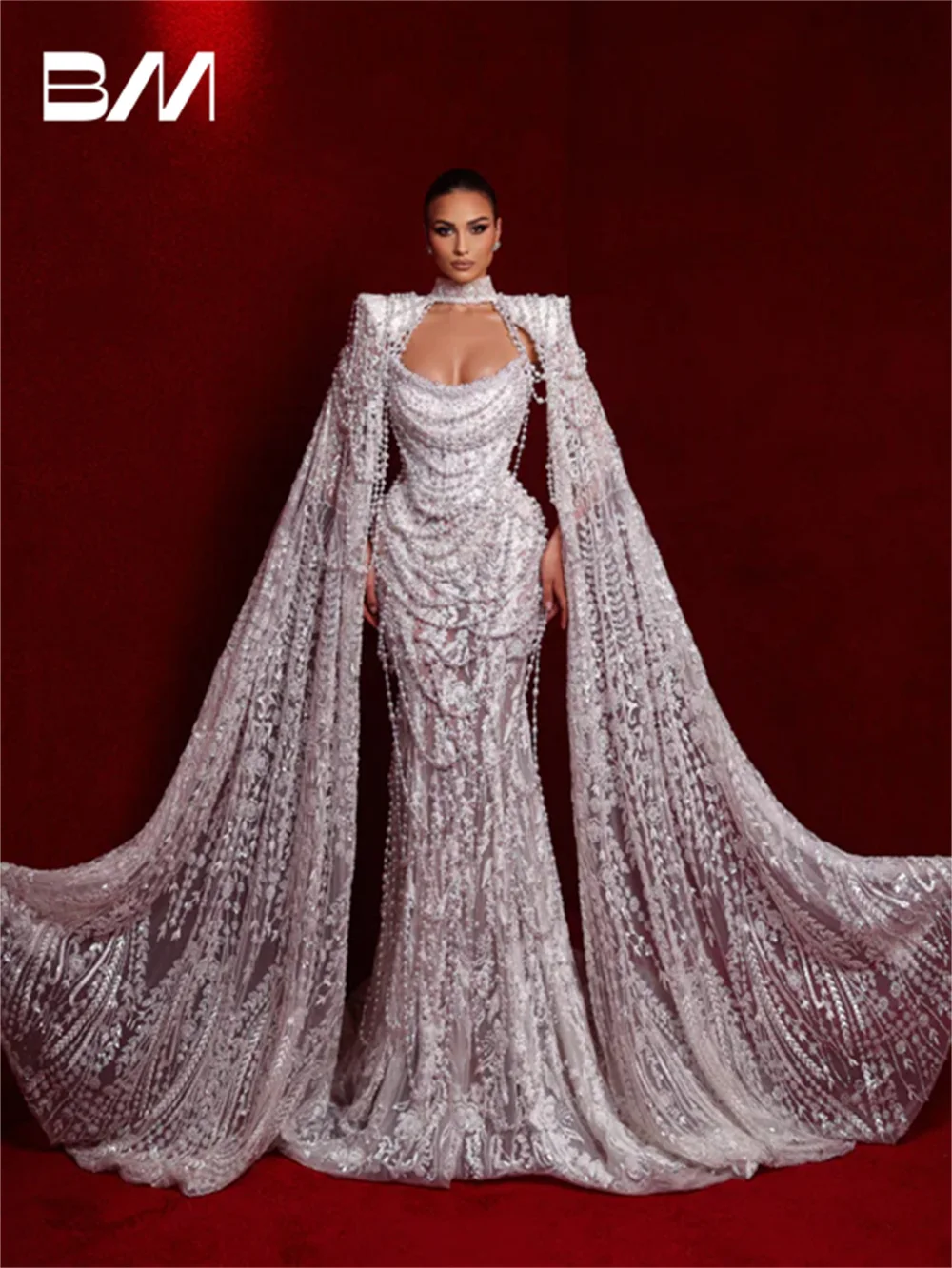 Luxury Pearls Wedding Dress for Women, Beaded Lace Mermaid Long Bride Dresses, Customized, Detachable Cape Exquisite Bridal Gown