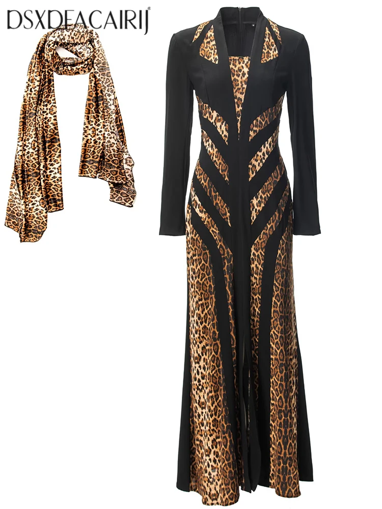 DSXDFACAIRIJ ليوبارد طباعة الخامس الرقبة فستان رصاص للنساء طويلة الأكمام الدانتيل متابعة شق أنيقة الخريف موضة الملابس النسائية