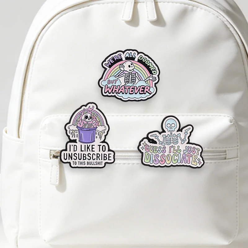 Pastel Goth Rainbow Skeleton Enamel Pin Punk Humor Skull All Doomed But Whatever Dissociate Brooch Bag Lapel Badge Jewelry Gifts