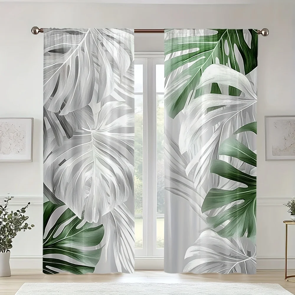 

2pc Tropical Monstera Leaf Pattern Curtains, made of polyester fabric, machine washable, suitable for living room and bedroom.