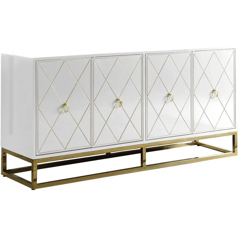 

64 Lacquer Sideboard with 4 Compartments, Gold Ring Handles, for Dining, Living Room & Entryway (White)