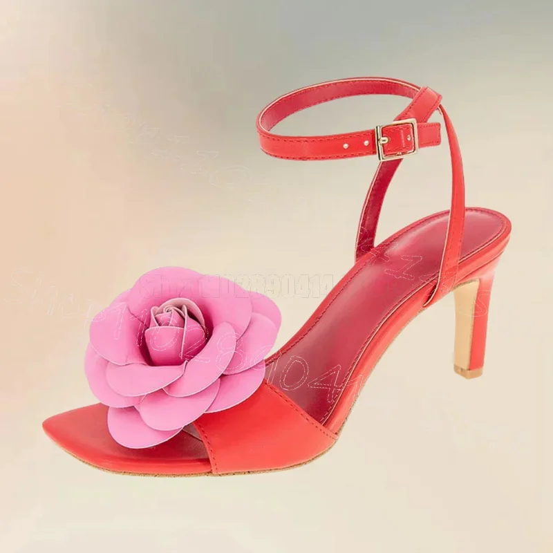 Rose Red Appliques Design Open Toe Sandals Buckle Strap Women Shoes Thin High Heels Party Feast Dating 2025 Zapatos Para Mujere