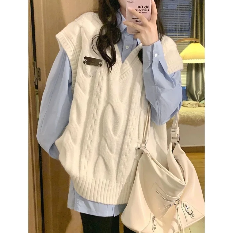 

Новое осеннее поступление, синий ильт, белый вязаный жилет с V-образным вырезом, комплект из двух предметов, маленький размер, молочная серия, модный студенческий женский жилет...